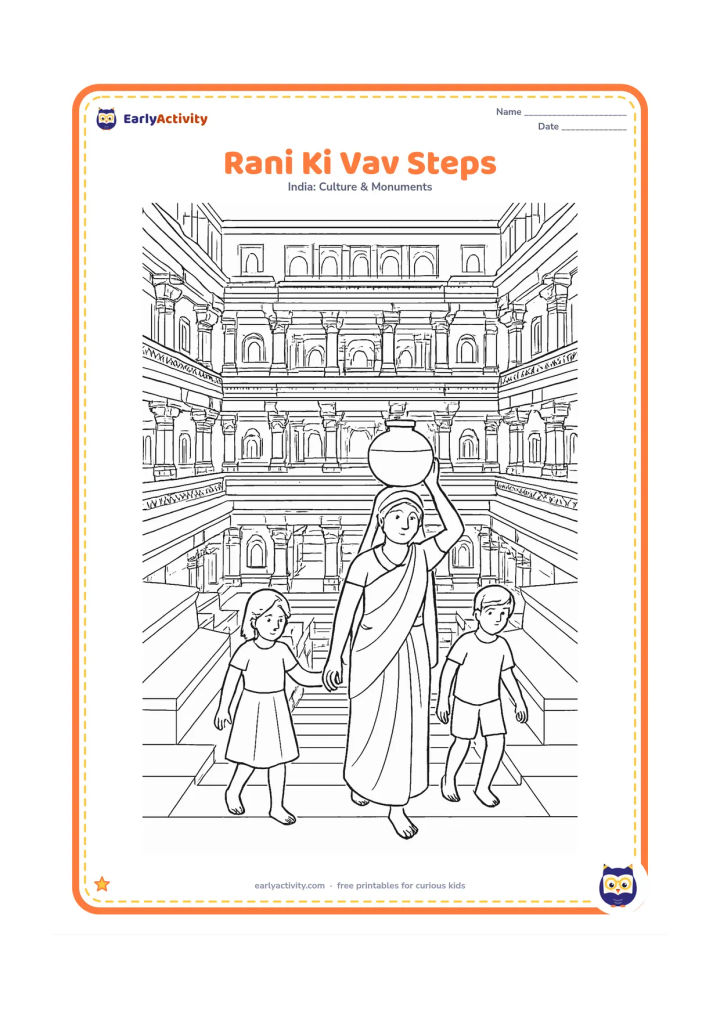 Colouring page: Draw a detailed view down the symmetrical steps of Rani Ki Vav, with carved pillars, repeated arches, small niches and layered platforms leading toward the lower well. Include a woman…