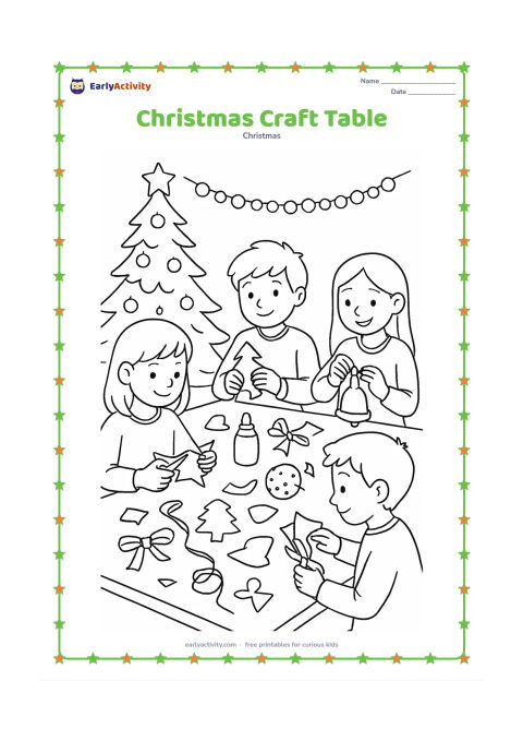 Colouring page: Several children make paper ornaments at a classroom table, with scissors, glue, ribbons, tree-shaped cutouts, bells, stars, and coloured-paper scraps. A decorated evergreen tree and…
