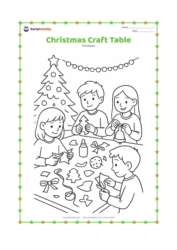 Colouring page: Several children make paper ornaments at a classroom table, with scissors, glue, ribbons, tree-shaped cutouts, bells, stars, and coloured-paper scraps. A decorated evergreen tree and…