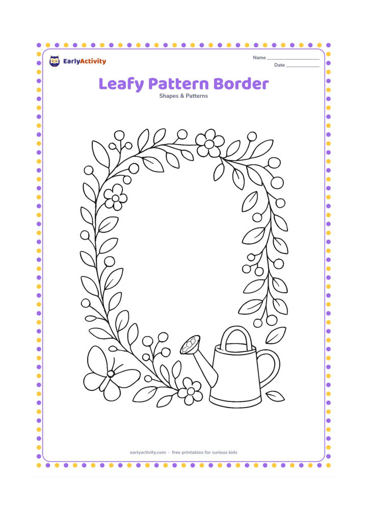 Colouring page: Draw a winding garden border made from repeating leaves, round berries, and small flowers around a central open space. Include a watering can and a butterfly near one corner.