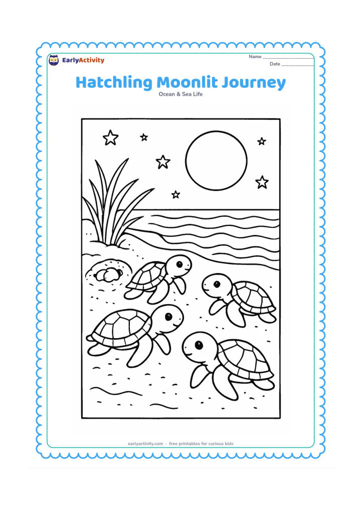 Colouring page: Draw a group of hatchlings crossing textured sand toward moonlit waves, with a nest opening, dune plants, stars, and a broad moon above the sea.