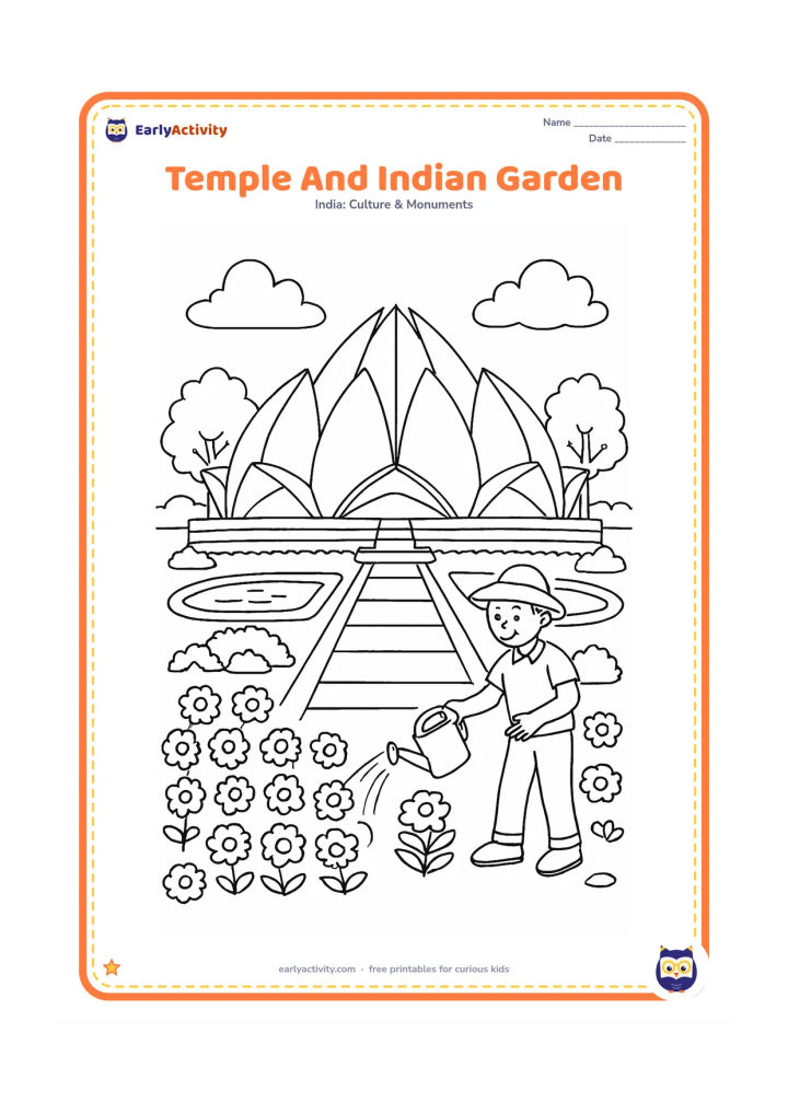 Colouring page: Show the Lotus Temple surrounded by an Indian garden with marigold-like flower beds, neem-like trees, a stone path, pools, and a gardener watering plants. The building should remain the…