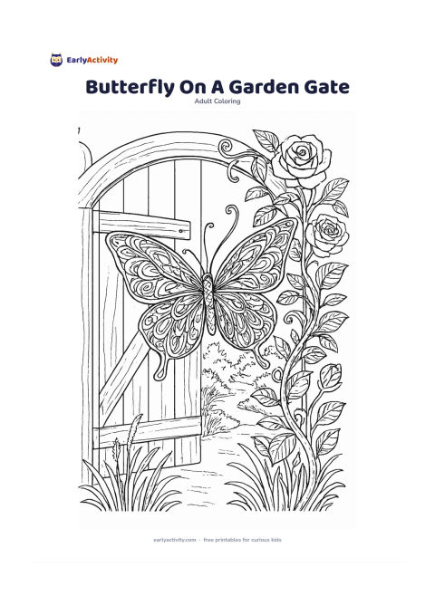Colouring page: Place a butterfly on a leafy vine wrapped around a wooden garden gate, with roses, tall grasses, and a glimpse of a path beyond. Fill the open wings with ornate sections inspired by…