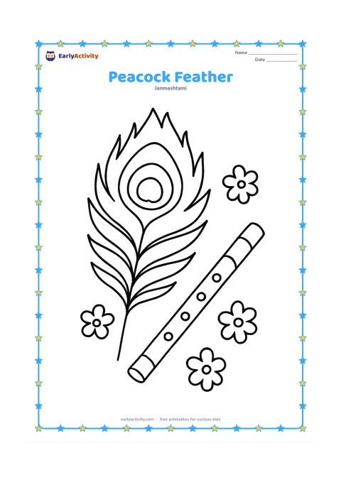 Colouring page: Draw one large upright peacock feather resting beside a small flute and a few simple flower shapes. Use a clean, open background.