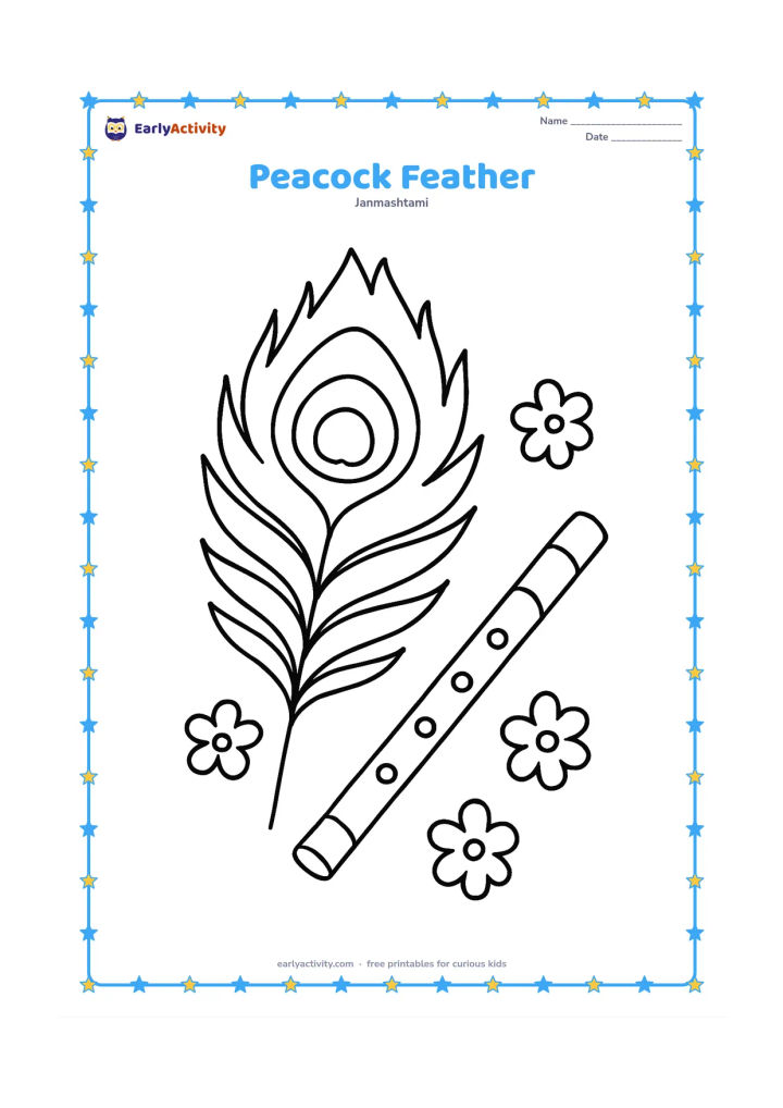 Colouring page: Draw one large upright peacock feather resting beside a small flute and a few simple flower shapes. Use a clean, open background.
