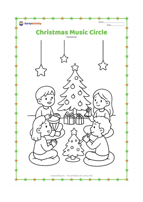Colouring page: Four children sit in a circle around a small Christmas tree, playing a hand drum, bells and a simple flute while another child claps. Add floor cushions, hanging stars and a few gifts in…