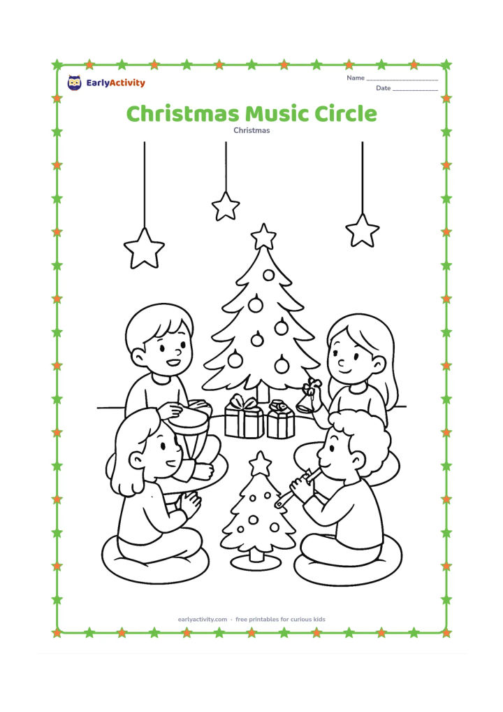 Colouring page: Four children sit in a circle around a small Christmas tree, playing a hand drum, bells and a simple flute while another child claps. Add floor cushions, hanging stars and a few gifts in…
