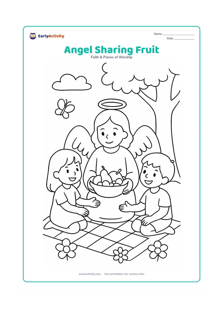 Colouring page: A seated angel shares a bowl of fruit with two smiling children on a picnic cloth beneath a leafy tree. Add three flowers, a butterfly and a soft cloud in the background.
