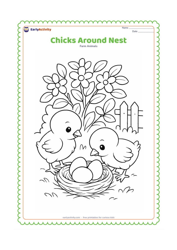Colouring page: Draw two chicks looking into a low nest containing three eggs. Place the nest beneath a leafy bush with flowers and a small wooden fence behind it.