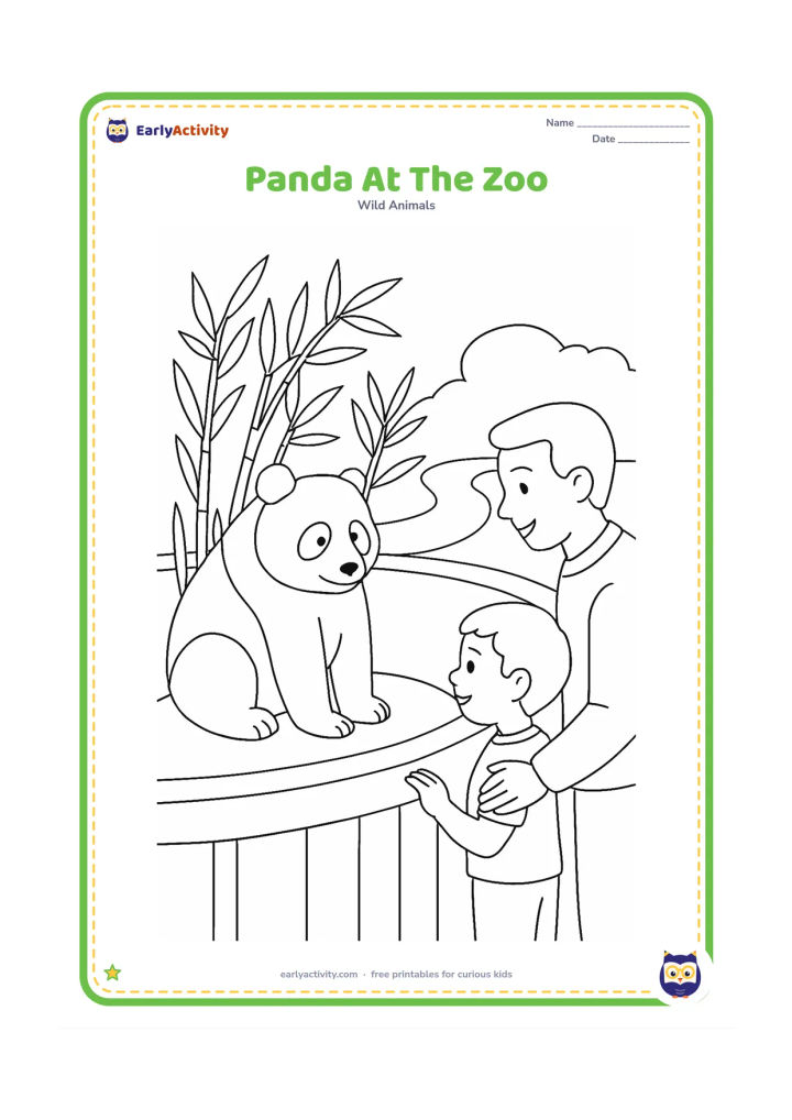 Colouring page: Draw a panda inside a clean zoo enclosure with a low rounded wall, bamboo plants and a viewing path beyond it. Include a small Indian child with an adult safely looking through the…