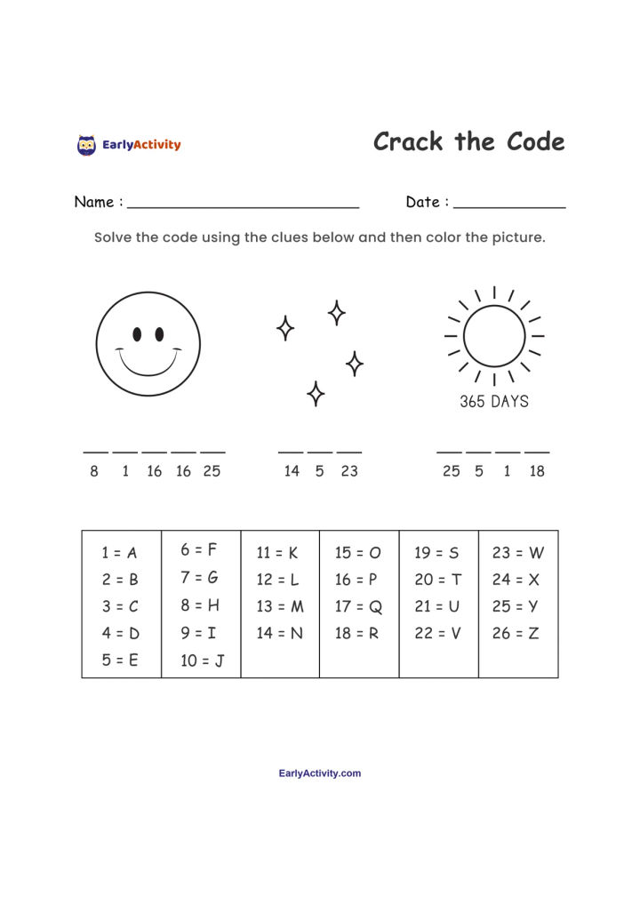 Worksheet with a number-to-letter code and three picture clues: a smiling face, stars, and a sun marked “365 DAYS”.