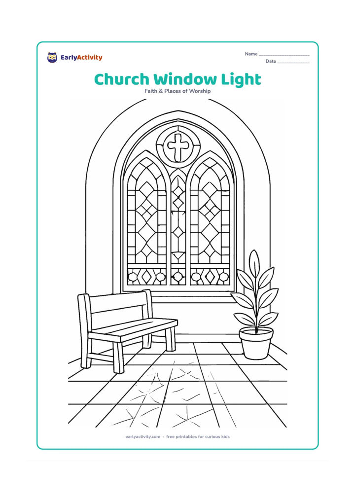 Colouring page: Sunlight passes through a large stained-glass church window onto a tiled floor, showing coloured-pattern panels, a wooden bench, potted plant, arched wall, and a small cross motif in the…