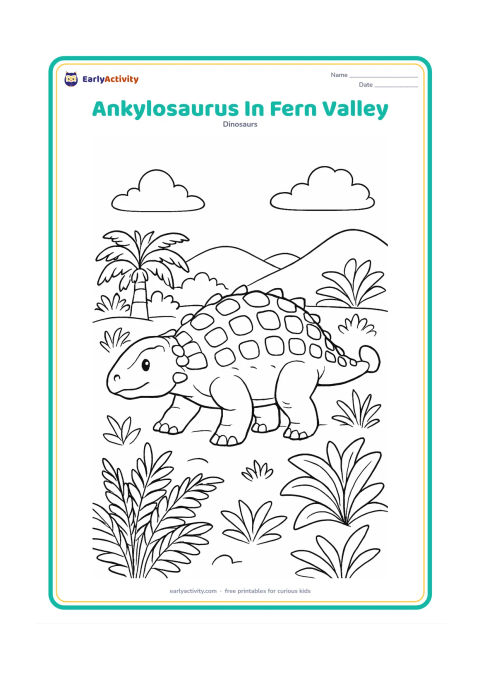 Colouring page: An Ankylosaurus walks through a prehistoric valley filled with layered ferns, cycads and low hills. Show its armour plates, short legs and club tail clearly in a three-quarter view.
