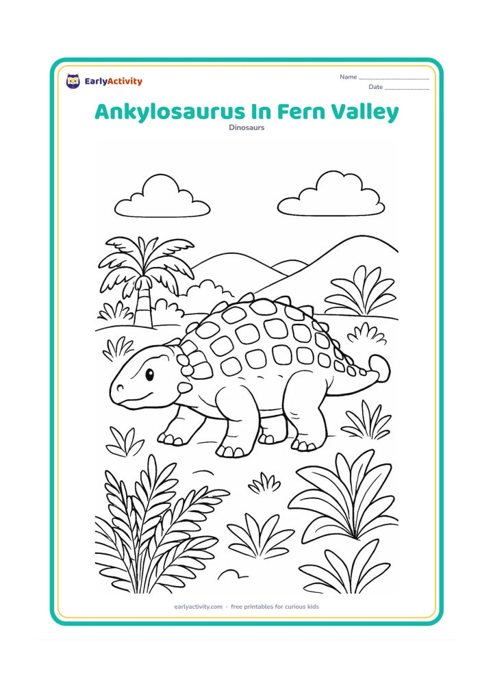Colouring page: An Ankylosaurus walks through a prehistoric valley filled with layered ferns, cycads and low hills. Show its armour plates, short legs and club tail clearly in a three-quarter view.