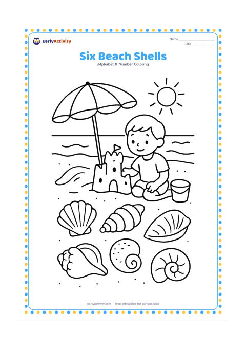 Colouring page: Draw exactly six different shells arranged along a sunny beach, with a child using a small bucket nearby. Add a simple wave, a parasol and a broad sandcastle without extra shells.