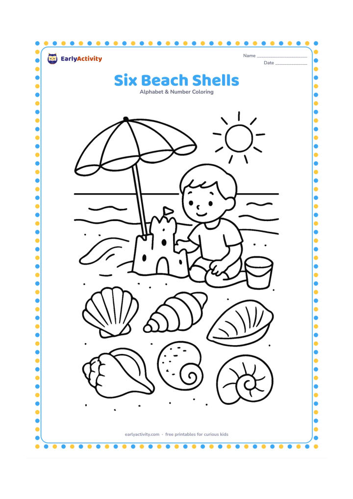 Colouring page: Draw exactly six different shells arranged along a sunny beach, with a child using a small bucket nearby. Add a simple wave, a parasol and a broad sandcastle without extra shells.