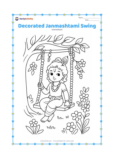 Colouring page: Draw young Krishna seated on a decorated swing hanging from a sturdy tree branch, with garlands, bells and flower clusters around the swing. Show the swing at a slight angle in a garden…