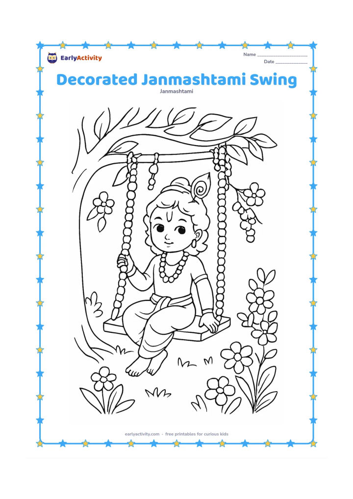 Colouring page: Draw young Krishna seated on a decorated swing hanging from a sturdy tree branch, with garlands, bells and flower clusters around the swing. Show the swing at a slight angle in a garden…