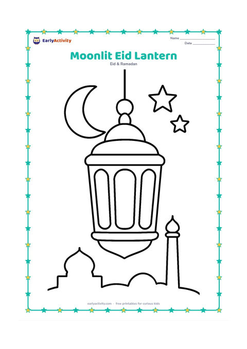 Colouring page: A large hanging lantern is in the foreground beneath a crescent moon, with a low mosque silhouette and two stars in the background. Arrange the lantern centrally.