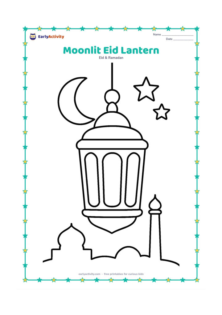 Colouring page: A large hanging lantern is in the foreground beneath a crescent moon, with a low mosque silhouette and two stars in the background. Arrange the lantern centrally.