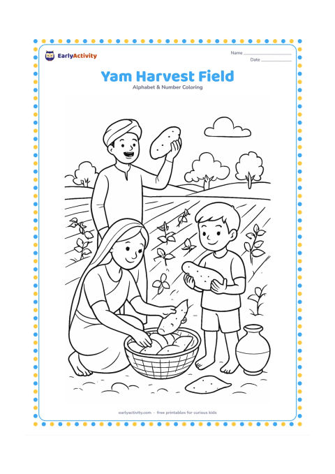 Colouring page: Draw a family harvesting yams in an Indian farm field, with one person lifting a yam, another placing vegetables in a basket, rows of plants, a water pot, and distant trees.