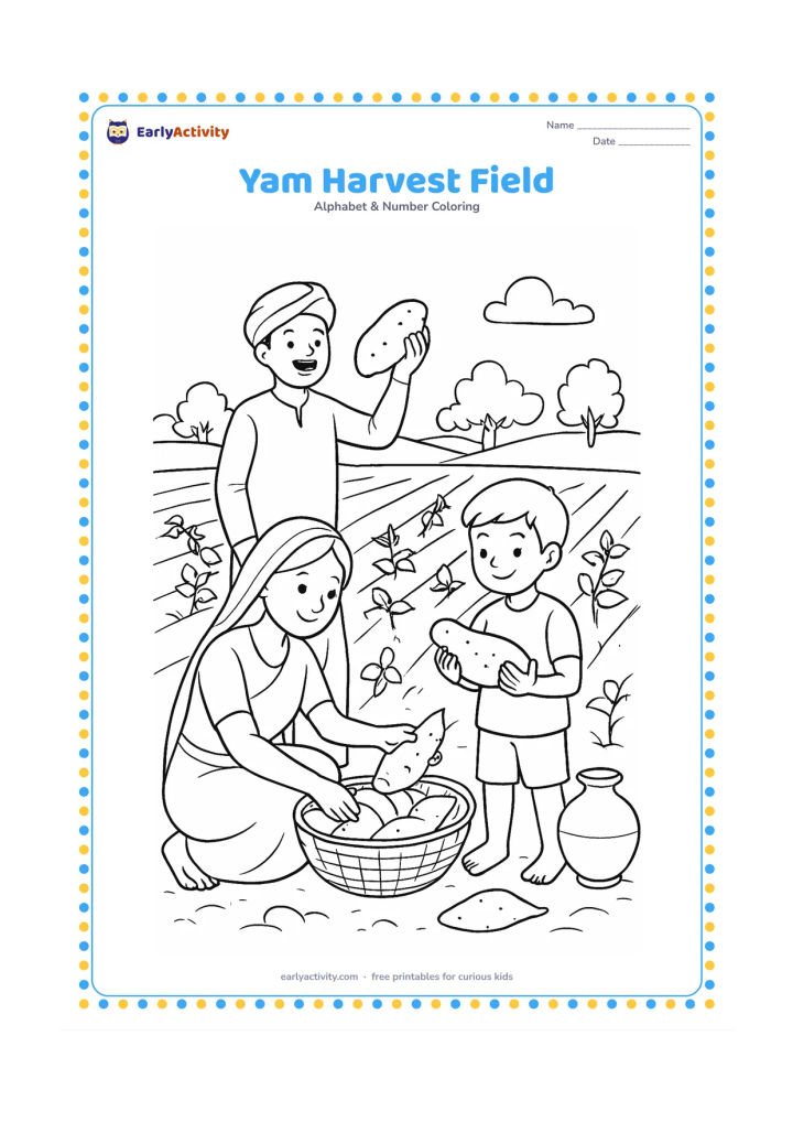 Colouring page: Draw a family harvesting yams in an Indian farm field, with one person lifting a yam, another placing vegetables in a basket, rows of plants, a water pot, and distant trees.
