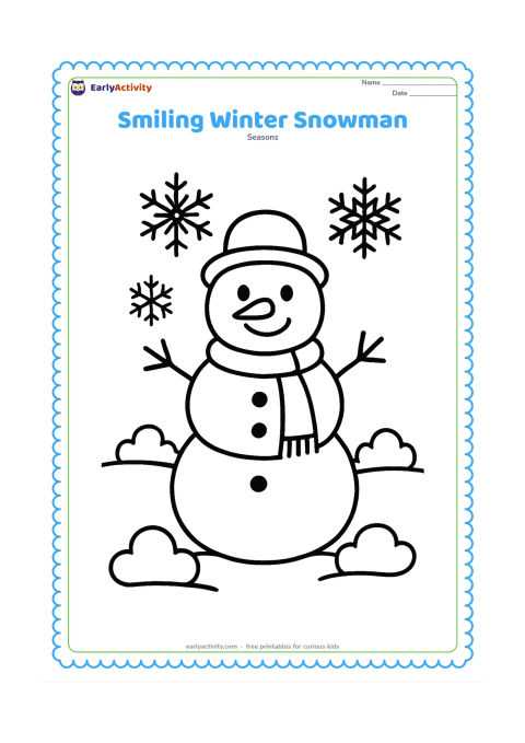 Colouring page: A cheerful snowman stands in a snowy field with a round hat, scarf, carrot nose and stick arms. Add three large snowflakes and two simple snow-covered bushes around it.
