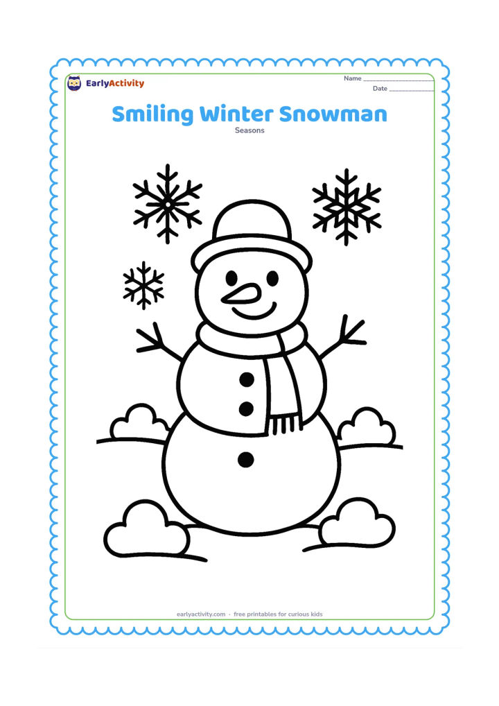 Colouring page: A cheerful snowman stands in a snowy field with a round hat, scarf, carrot nose and stick arms. Add three large snowflakes and two simple snow-covered bushes around it.