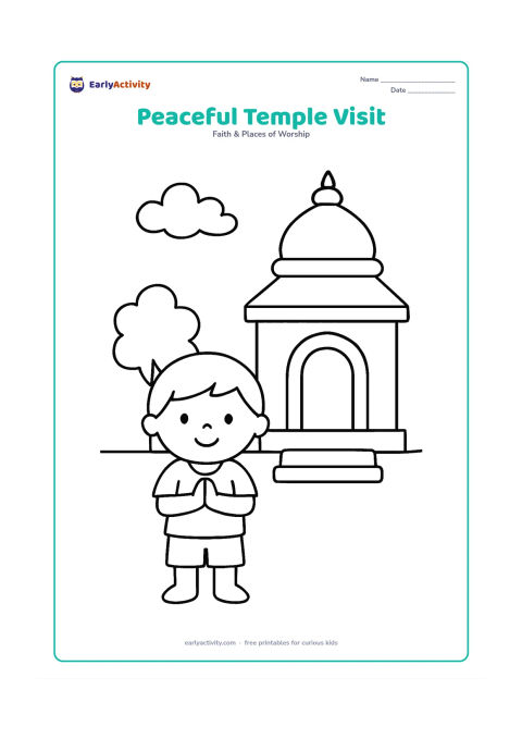 Colouring page: A child with folded hands stands outside a simple Indian temple entrance, with two steps, a small tree, and a calm sky.