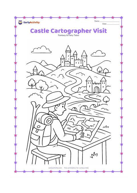 Colouring page: Draw a traveller studying a blank map on a table outside a hilltop castle, with a pack, walking staff, bridge, gatehouse, distant towers, and winding roads through the landscape. Add…