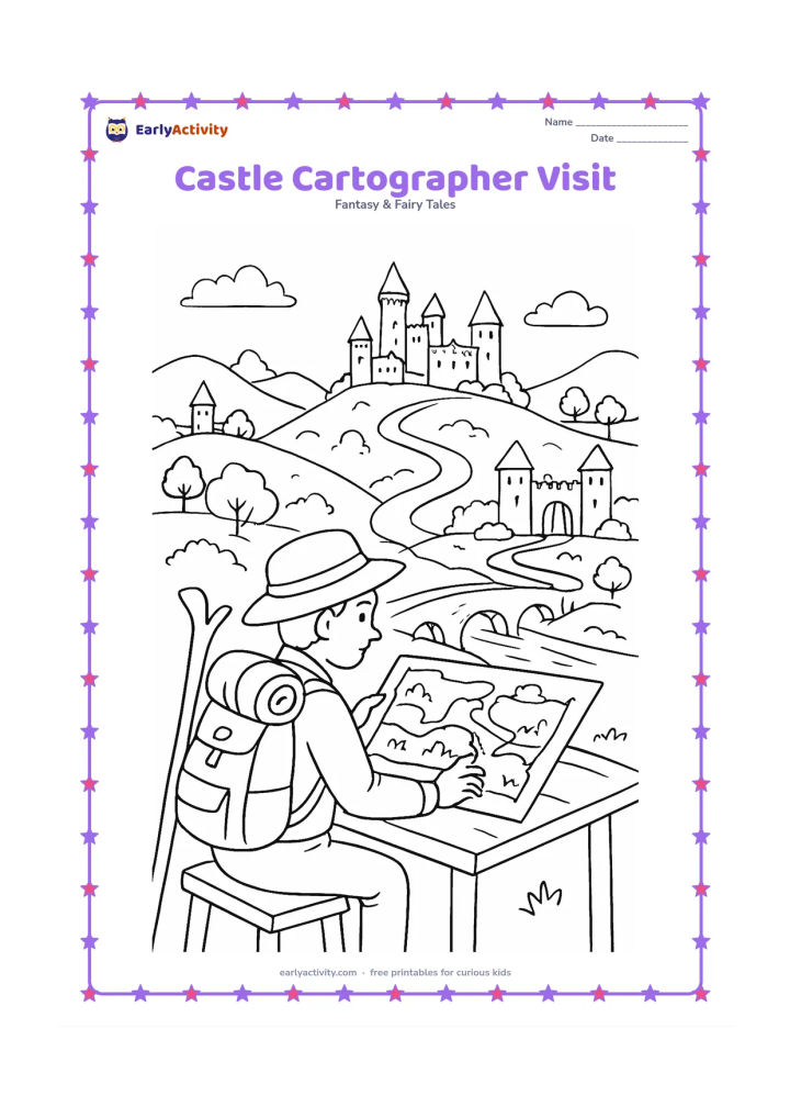 Colouring page: Draw a traveller studying a blank map on a table outside a hilltop castle, with a pack, walking staff, bridge, gatehouse, distant towers, and winding roads through the landscape. Add…