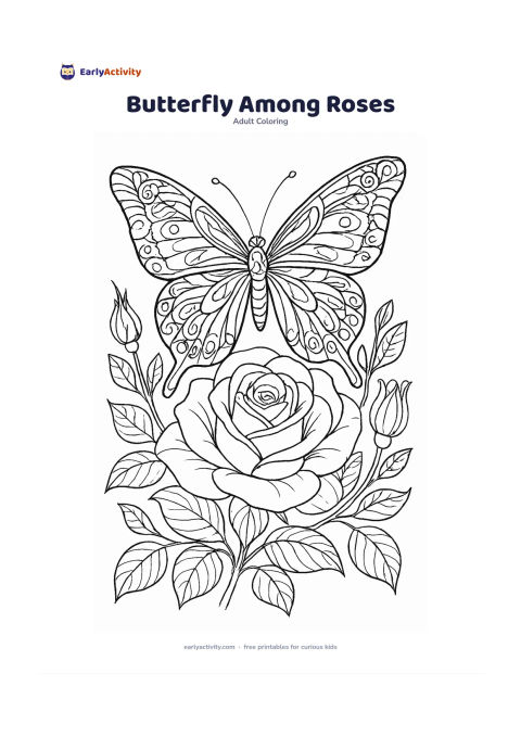 Colouring page: Draw one large butterfly resting on an open rose, with overlapping rose petals, curling leaves, and several unopened buds filling the lower half of the page. Give the butterfly broad…