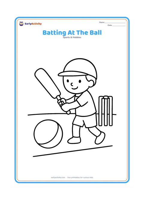 Colouring page: A child batter making a gentle swing at a large ball on a simple cricket pitch, with a second set of wickets behind the batter. Keep the field nearly empty.