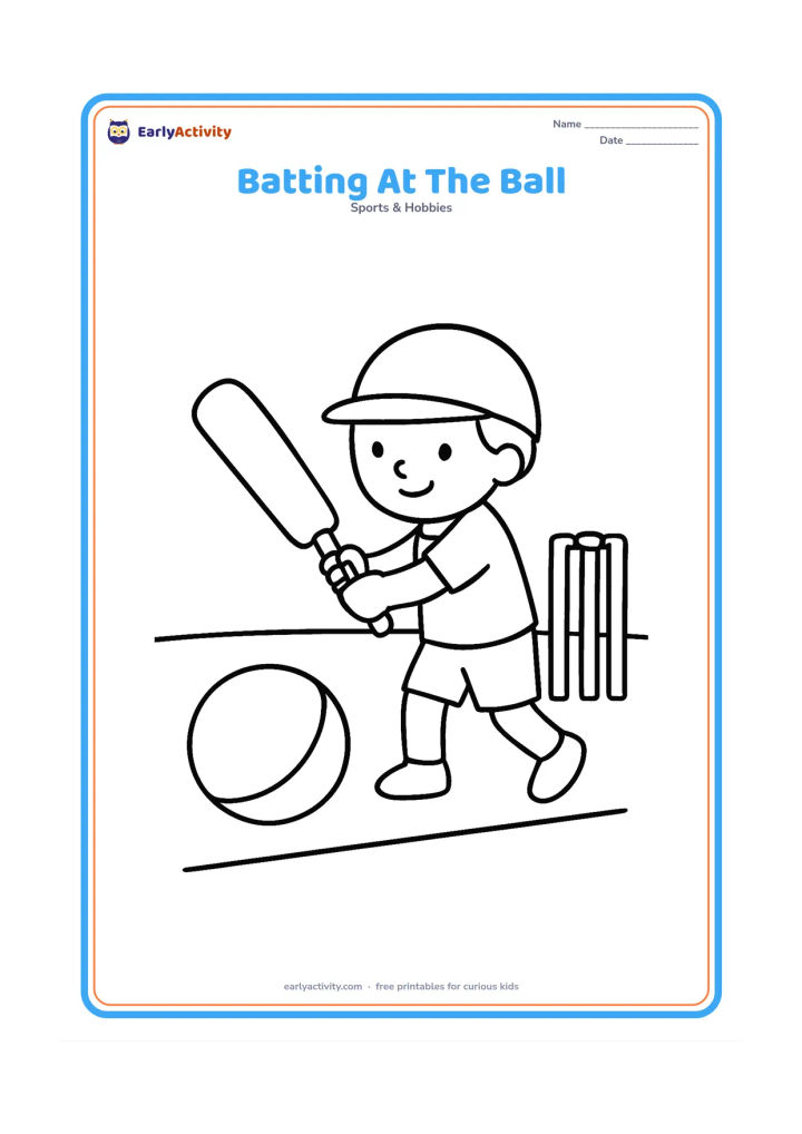 Colouring page: A child batter making a gentle swing at a large ball on a simple cricket pitch, with a second set of wickets behind the batter. Keep the field nearly empty.