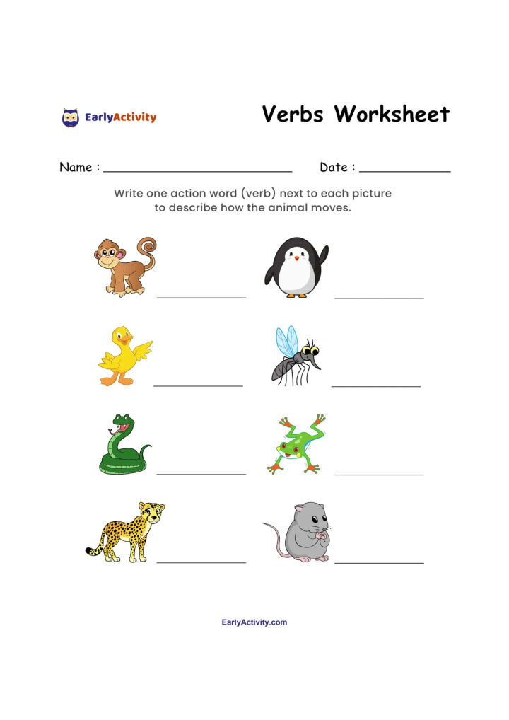 Worksheet showing eight animals, including a monkey, penguin, duck, fly, snake, frog, cheetah and mouse, with lines for action words.