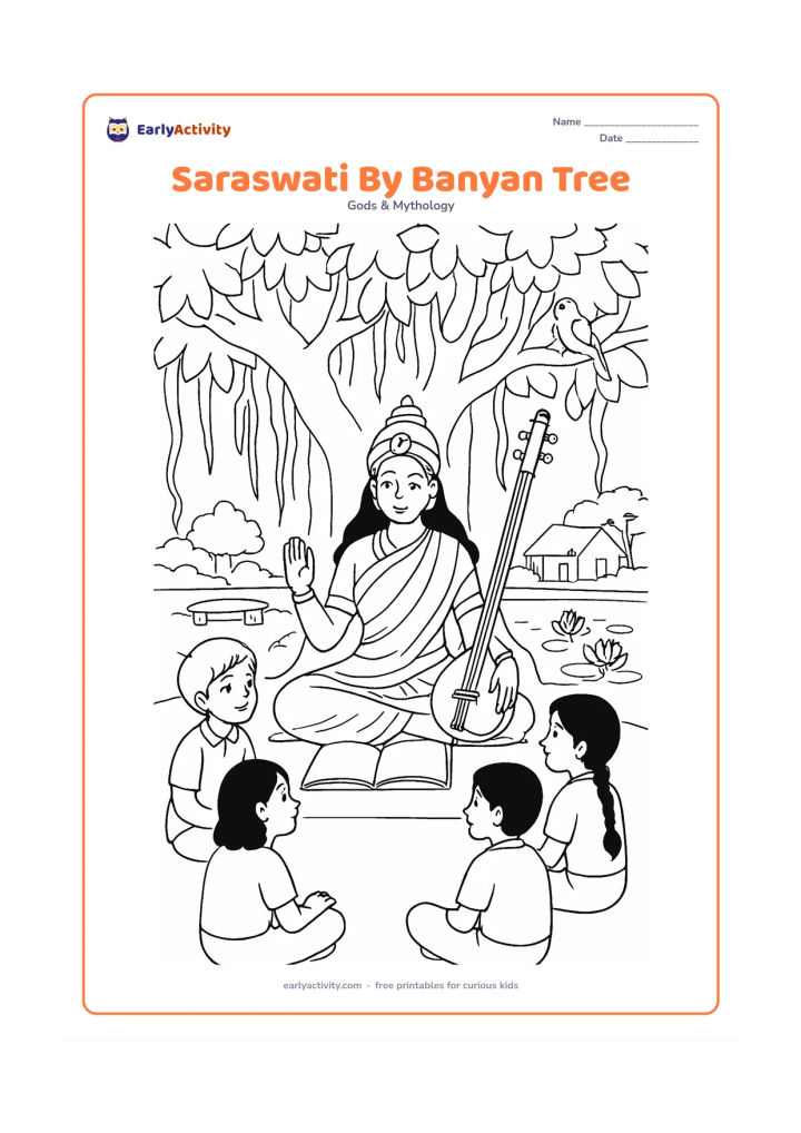 Colouring page: Saraswati teaches four children beneath a large banyan tree, with a blank open book on a mat and a veena leaning nearby. Add hanging roots, a village pond, lotus flowers, a stone bench,…
