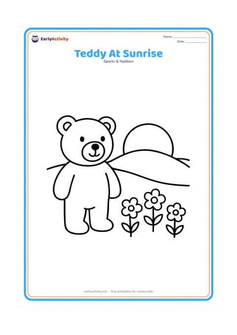 Colouring page: A standing teddy bear watches a large sun rising behind low hills, with three simple flowers in the foreground. Keep the landscape calm and open.