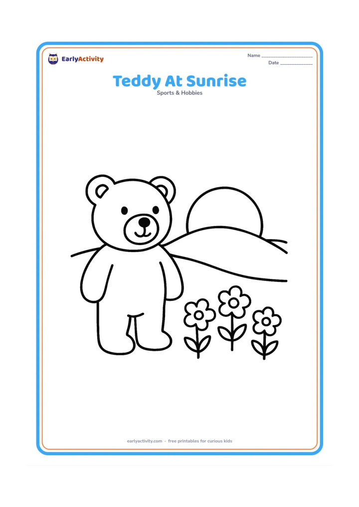 Colouring page: A standing teddy bear watches a large sun rising behind low hills, with three simple flowers in the foreground. Keep the landscape calm and open.