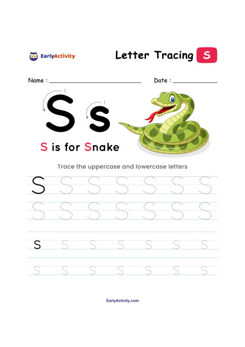 Tracing worksheet with large uppercase and lowercase S, dotted tracing rows, and a green snake beside the words “S is for Snake”.