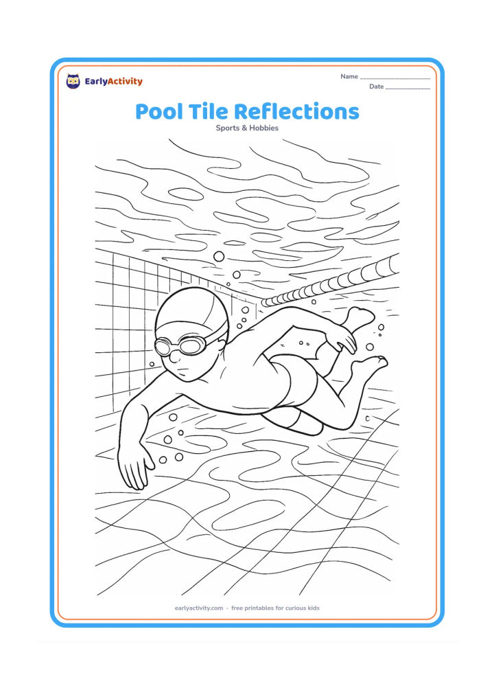 Colouring page: A swimmer glides underwater through a clear pool, with sunlight patterns, tiled walls, lane rope shadows and bubbles surrounding the figure. Show goggles, a swim cap and clearly bent…