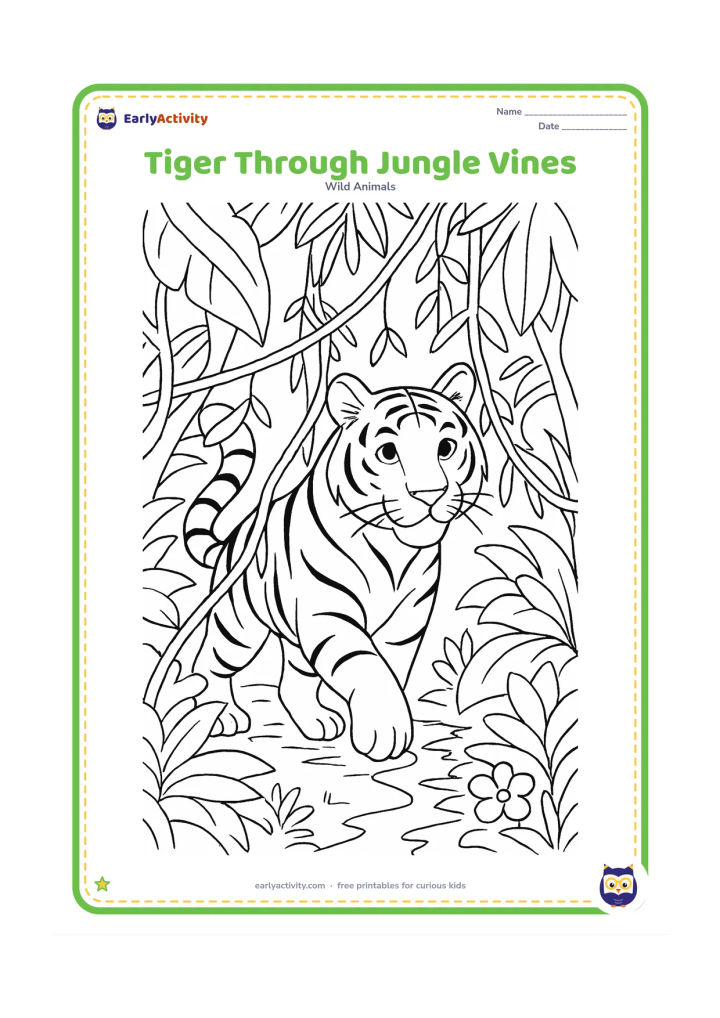 Colouring page: A tiger pushes gently through hanging vines and large tropical leaves, with its head, shoulders, paws, and curling tail visible. Add layered foliage, tree roots, flowers, and a narrow…