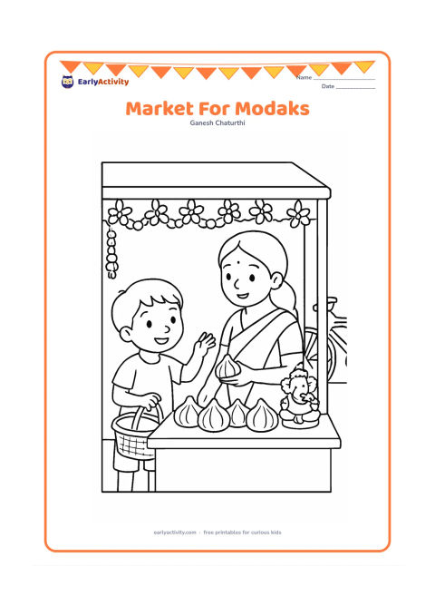 Colouring page: A child and an adult choose modaks from a welcoming Indian market stall decorated with flowers. Include a basket, a hanging garland, a small Ganesha picture-free idol and a bicycle in…