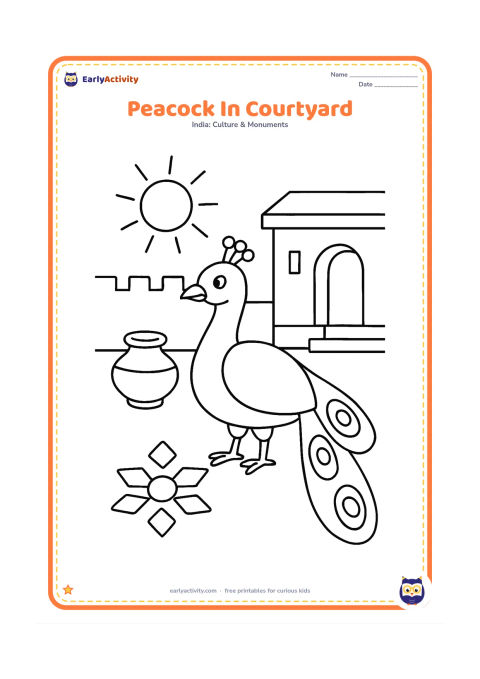 Colouring page: Draw a peacock strolling through a sunny Indian home courtyard, with its tail folded behind it. Include a clay pot, a low wall and a small rangoli made only from simple geometric shapes,…