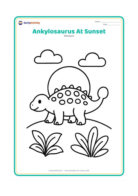 Colouring page: A side-view Ankylosaurus stands on a low ridge beneath a large setting sun and two simple clouds. Add a few broad plants in the foreground.
