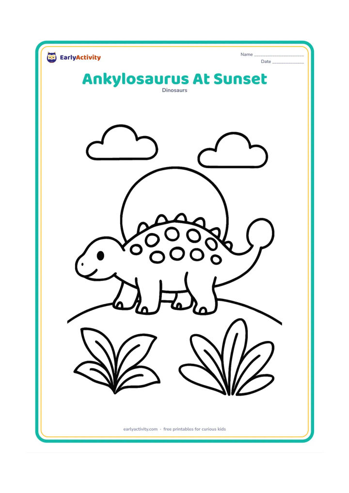 Colouring page: A side-view Ankylosaurus stands on a low ridge beneath a large setting sun and two simple clouds. Add a few broad plants in the foreground.