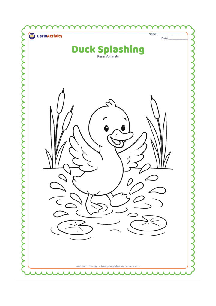 Colouring page: A duck splashes happily in a pond with both wings lifted and one webbed foot visible above the water. Surround it with curved splash shapes, reeds and two lily pads.