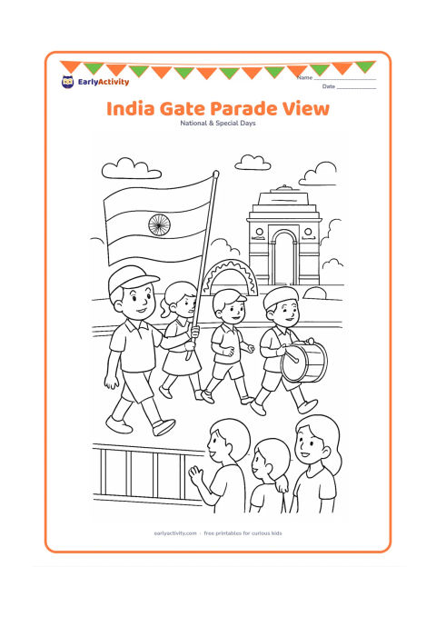 Colouring page: Draw children and families watching a Republic Day parade from a safe roadside area with India Gate visible in the distance. Show a flag bearer, marching children, a drum and simple…
