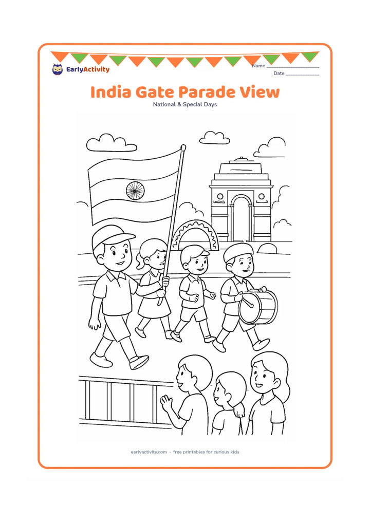 Colouring page: Draw children and families watching a Republic Day parade from a safe roadside area with India Gate visible in the distance. Show a flag bearer, marching children, a drum and simple…
