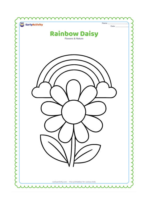 Colouring page: Draw one very large daisy with wide petals arranged in a clear ring around its centre. Place a simple rainbow arch and two clouds behind the flower.
