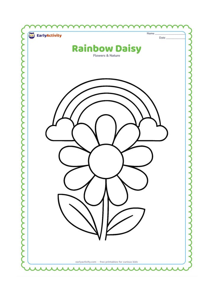 Colouring page: Draw one very large daisy with wide petals arranged in a clear ring around its centre. Place a simple rainbow arch and two clouds behind the flower.